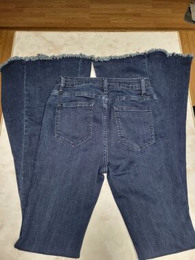 Altar’d State High Rise Flare Jeans Size Medium Dark Wash Raw Hem Boho Y2K Denim